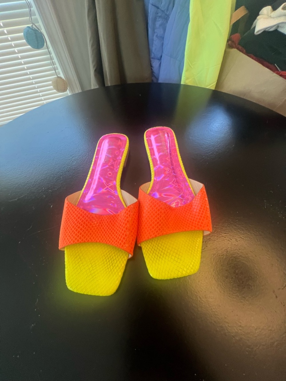 Neon Yellow & Orange Slide Sandals - Women